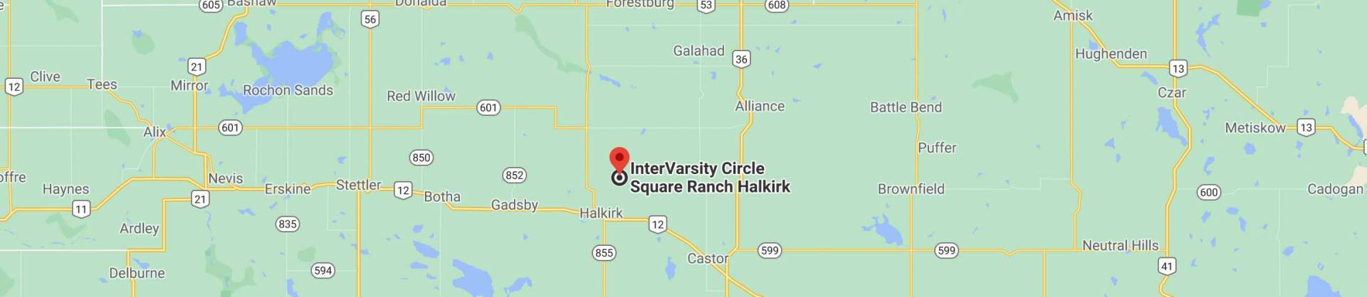 Circle Square Ranch Halkirk's location indicated on a map. Links to Google maps directions.